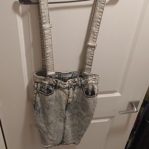 Acid Wash Denim Suspender Skirt - Light Grey